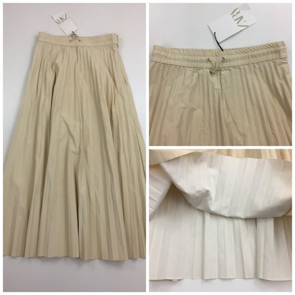 Zara Dresses & Skirts - NWT ZARA Cream Drawstring Waistband Faux Leather Pleated Midi Skirt